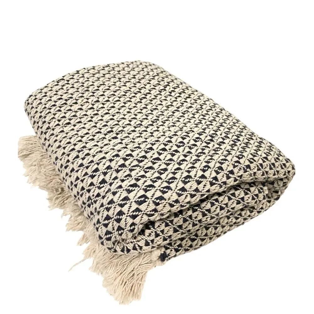 Boho Patterned Throw Blanket with Fringe in Blue and White